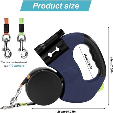 Рулетка для собак з подвійною лінією CRWEOM – для 2 собак, з LED-підсвічуванням, поворотним механізмом 360° та ергономічною ручкою (Блакитний)