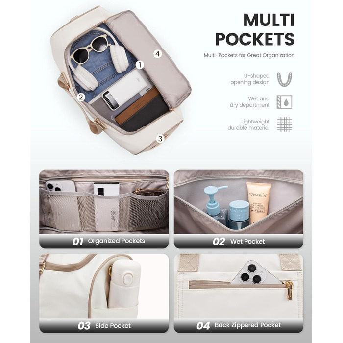 Сумка-мішок LOVEVOOK для подорожей, 37L, жіноча, для ручної поклажі, weekender, з органайзером для косметики, відділенням для взуття та вологонепроникним кишеням, водонепроникна спортивна сумка, пляжна сумка, для відпочинку, авіаперельотів, кемпінгу, M, K