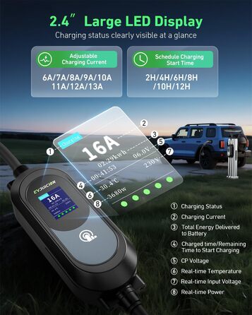 Електричний зарядний пристрій для авто Evjuicion, 15 метрів, 3.68 кВт, 8-16 А, 0-12H, IP67, Тип 2, LED-дисплей, кріплення для стіни та кабелю, портативний, сумка