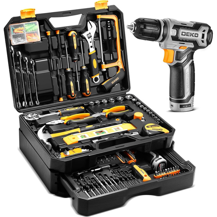 Акумуляторний дриль-шуруповерт DEKO 12V: набір інструментів 238 шт. з кейсом. Електричний дриль для дому, рукоділля та дрібного ремонту. Жовтий.