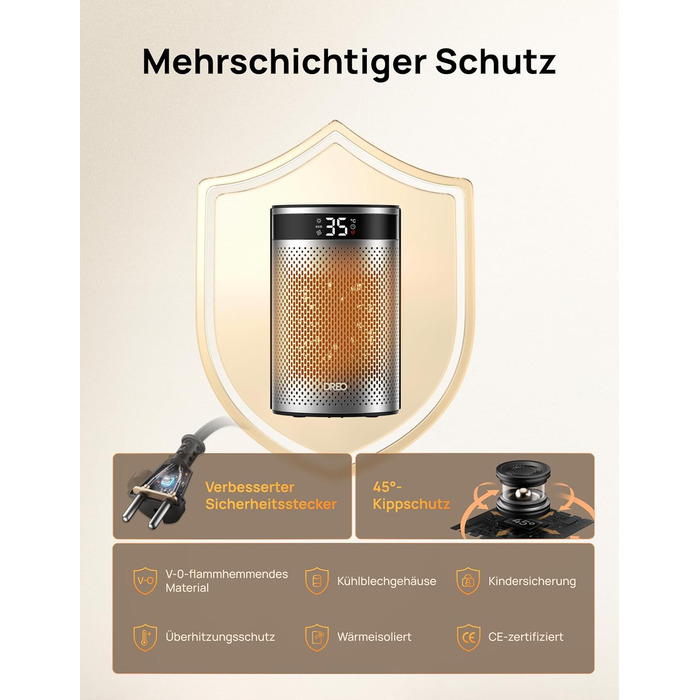 Електричний обігрівач DREO Keramik Heater 416, 1500W: керамічний, для спальні, з захистом від перегріву та перекидання, термостат, дитячий замок, енергозбереження, тихий, таймер 12 годин, кілька режимів, чорний