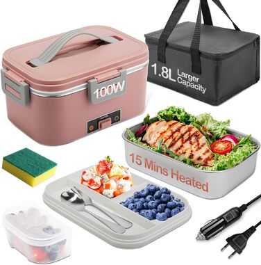 BYbrutek Electric Lunch Box 100W, 3-in-1 Portable Heated Lunch Box, 1.8L Stainless Steel Removable Food Container, 12V/24V/220V Insulated Food Warmer Box for Car/Truck/Office (Pink, 1.8 L)