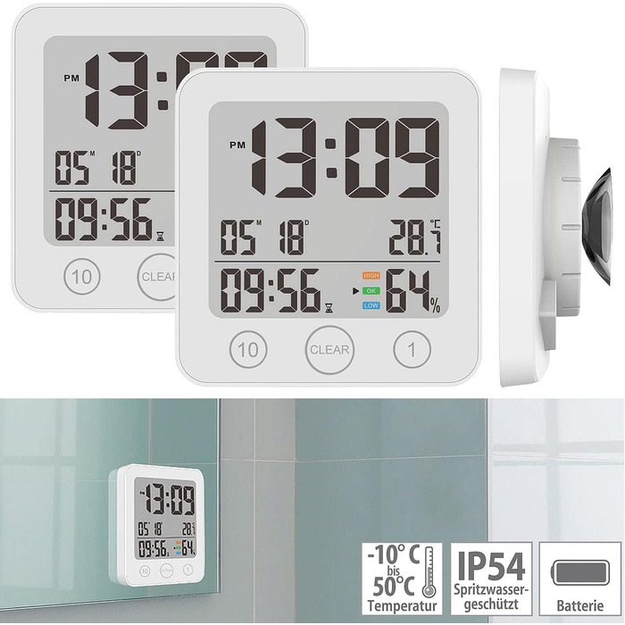 infactory Bathroom Radio Clock: Digital Funky Bathroom Wall Clock with Thermometer, Aluminum, Suction Cups, IP24 (Bathroom Radio Clock Digital, Clock, Gift Ideas) (2-Pack Shower Clock)