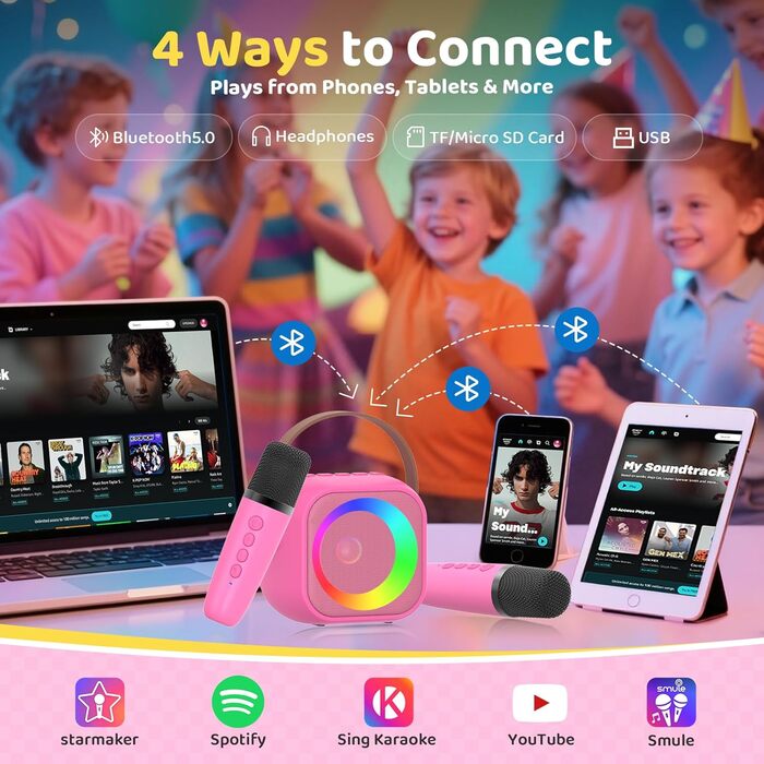 Караоке машина з 2 мікрофонами Bluetooth для дітей та дорослих, рожева. Подарунок для хлопчика 3-15 років, з диско-підсвіткою для вечірок
