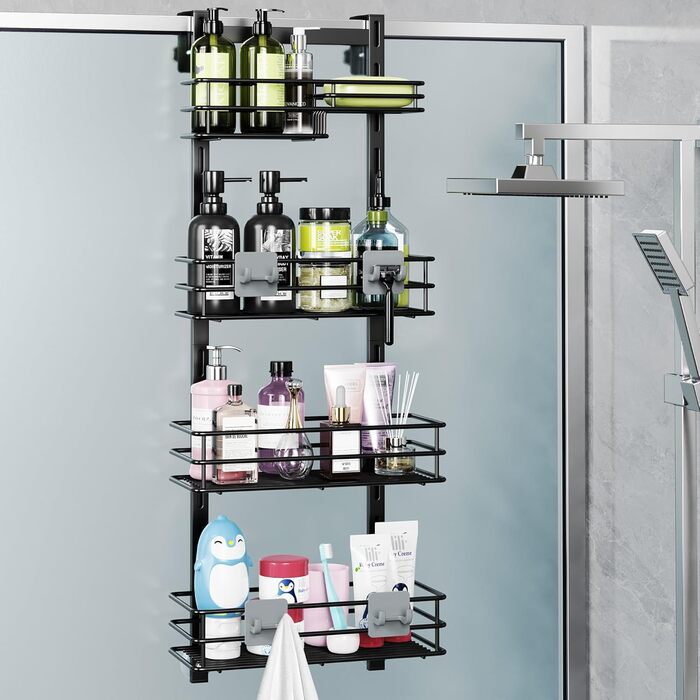 Регульована поличка для душу Orimade, сіра, 5 ярусів, з гачками, для зберігання в ванній кімнаті, з мильницею, на присосці, для ванної кімнати