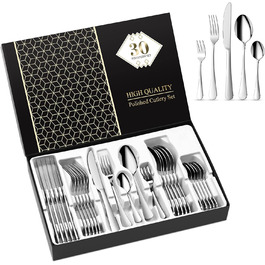 Набір столових приборів Aoeeppa на 6 осіб (30 предметів), нержавіюча сталь, дзеркальна поліровка, для дому, кухні, ресторану, придатний для миття в посудомийній машині (сріблястий)