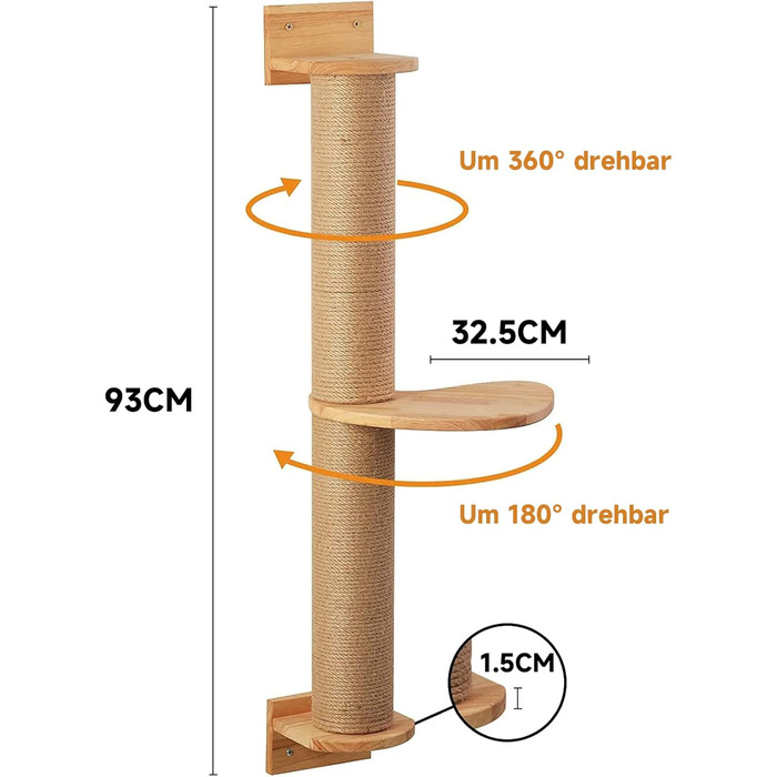 Кігтеточка для котів FUKUMARU Kletternwand, 93 см, з драбиною та гілками з джуту, з масивного дерева