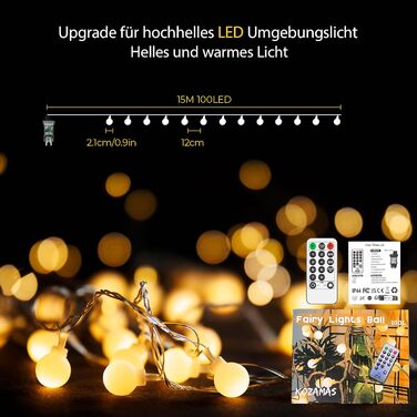 Гірлянда світлодіодна 15м, 100 LED, для дому та саду, IP44, 8 режимів, вологостійка, для дитячої кімнати, декору тераси та балкону