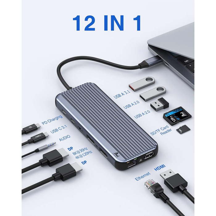 LIONWEI UC3703 Док-станція: Dual DP, Triple Display, USB-хаб 12-в-1 з 8K HDMI, 2 x USB 3.1, 100W PD, Ethernet, SD/TF-кардридер (сірий)