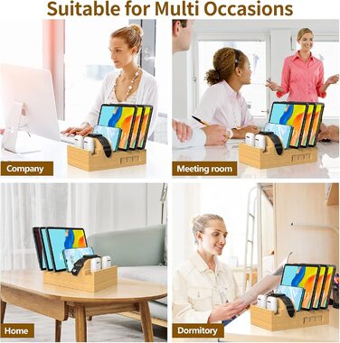 Багатофункціональна заряджна станція 5-в-1 з бездротовою зарядкою, світлом та годинником, бамбук, сумісна з годинниками, AirPods, Samsung Galaxy та іншими пристроями