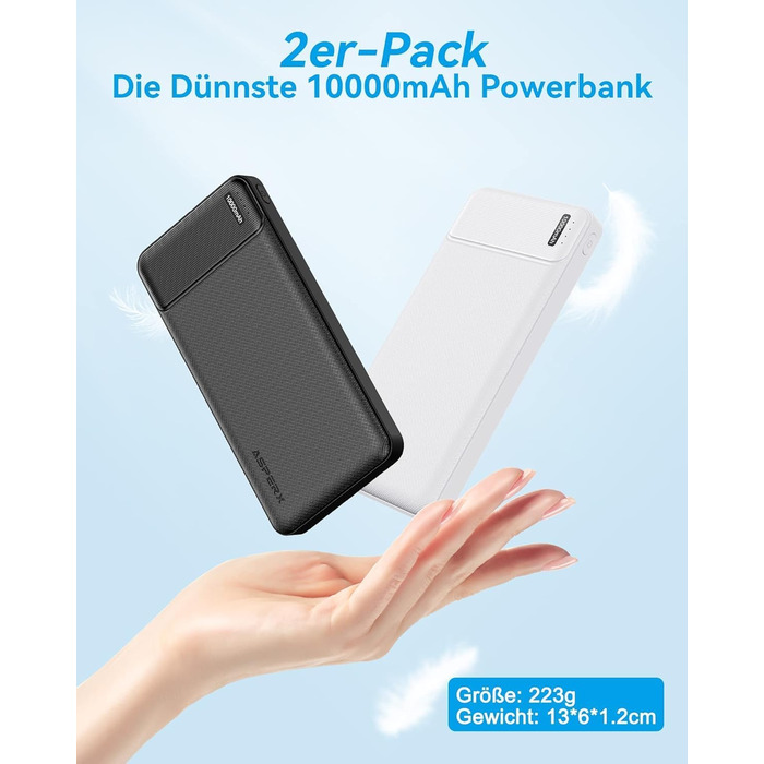 Power Bank AsperX 10000mAh (2 шт.) з USB-C, 4 порти, чорний+білий, для iPhone, iPad, Huawei, Tablet