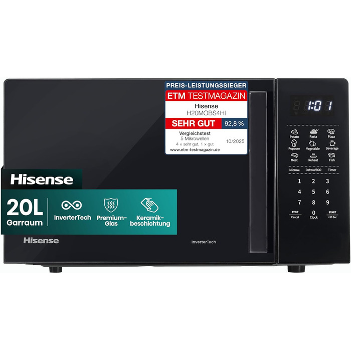Мікрохвильова піч Hisense H20MOBS4HI 20 л, 700 Вт, InverterTech, керамічне покриття, чорна