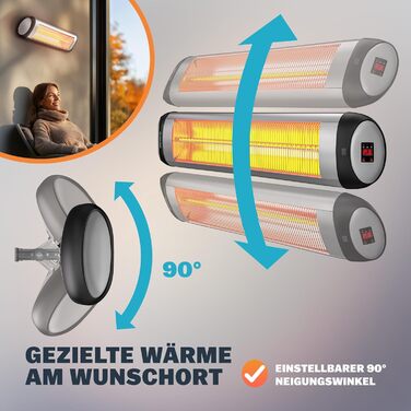 Інфрачервовий обігрівач MONZANA® MZH2501 з таймером, 2500W, 3 режими, 24 год, пульт ДУ, кут нахилу 90°, електричний, для тераси (сріблястий)