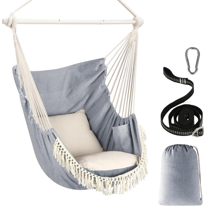 Chihee Hanging Chair Hanging Swing Maximum 500 lbs Includes 2 Cushions Steel Spreader Bar with Anti-Slip Grooves Portable Hanging Chair Side Pocket Large Macrame Bohemian Chair Indoor Outdoor