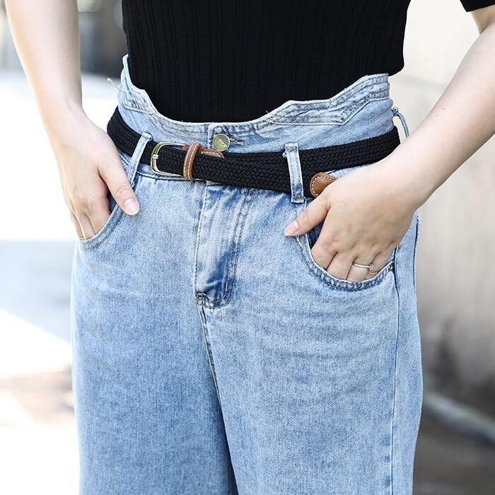 Еластичний жіночий/дівчачий ремінь 2.5 см, плетений, для джинсів та суконь, 2 шт. (Чорний/Сірий) M/91/96 см