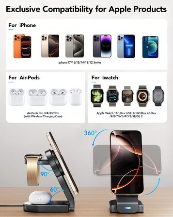 Магнітна складана бездротова зарядка 3-в-1 для Apple iPhone, iWatch, AirPods (Чорний)