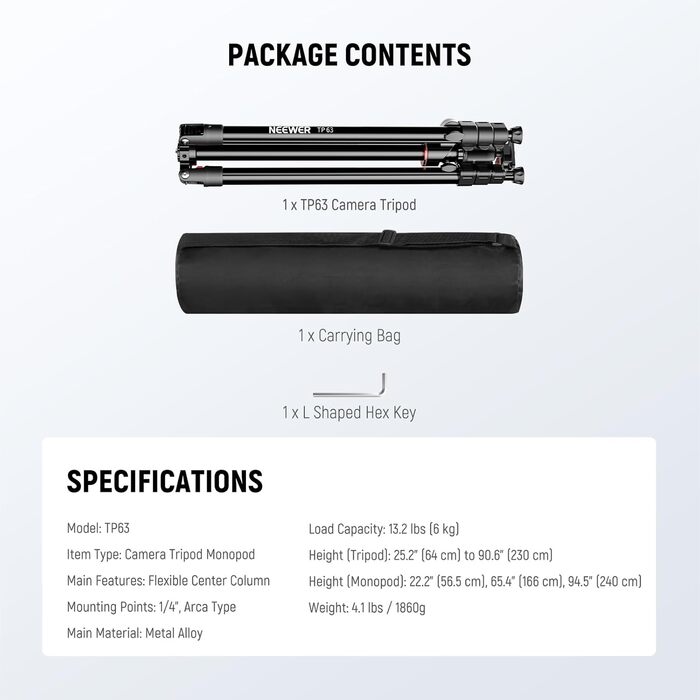 Штатив для камери NEEWER з моноподом, 72 дюйми, алюмінієвий, для DSLR/Camcorder, 360° кульковий шарнір, QR-платформа Arca, вантажопідйомність 15 кг, тканина для чищення