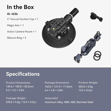 Автомобільний вакуумний тримач SMALLRIG 4' з кульовою головкою та магічною рукою, для екшн-камер, телефонів, макс. навантаження 3 кг