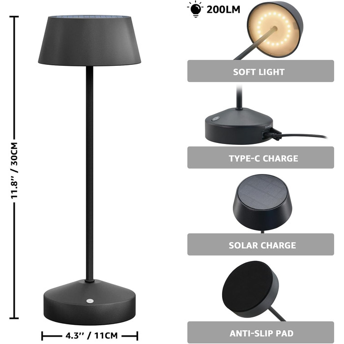 Світлодіодні настільні лампи сонячні LED 2 шт. для вулиці 3000K з сенсорним вимикачем, акумуляторні, димовані, IP44 для кемпінгу, саду, балкону, тераси
