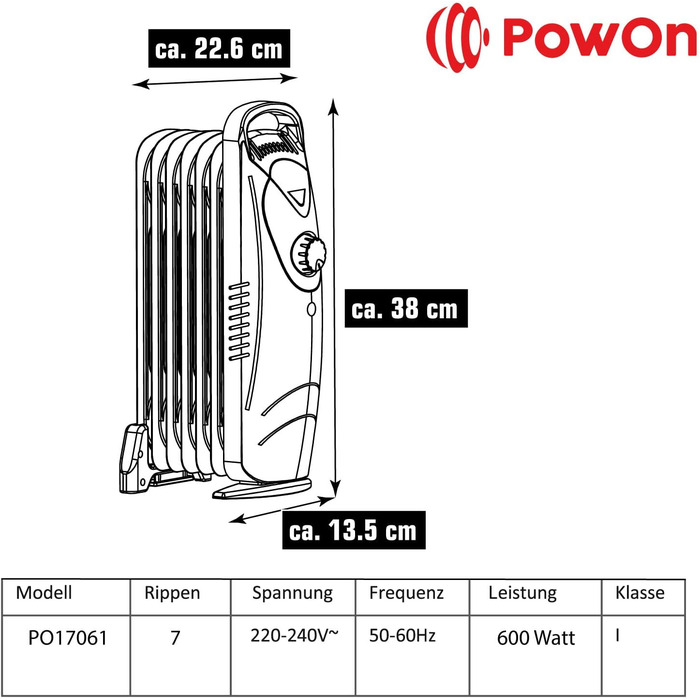 Електричний масляний радіатор PowOn 600W, 7 ребер, 30x14x38 см - енергозберігаючий опалювач