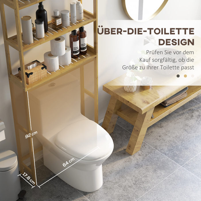 kleankin 3-Tier Toilet Bowl Shelf Bathroom Storage Rack with Tip-Over Protection Bamboo, Natural, Space-Saving Storage Shelf for Bathroom