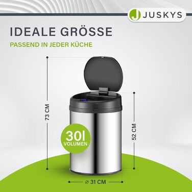Відро для сміття Juskys з датчиком руху, 30 л, сріблястого кольору. Нержавіюча сталь, контактне відкриття, Klemmring для пакетів.