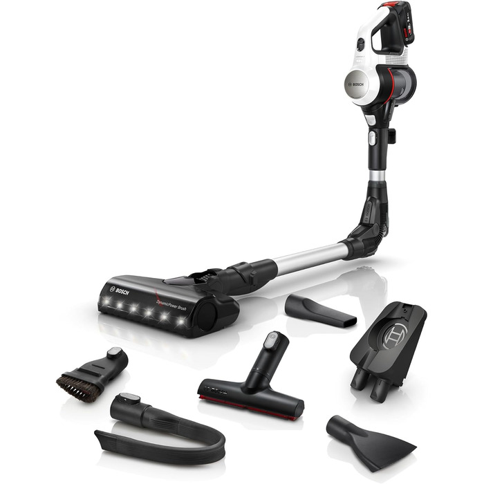 Бездротовий акумуляторний пилосос Bosch Unlimited 7 BSS711W - ручний, без мішка, з акумулятором, гнучкий шланг, фільтр гігієни, 10 років гарантії на мотор, XXL насадка для м'яких меблів, LED-підсвічування, турбо-режим, білий