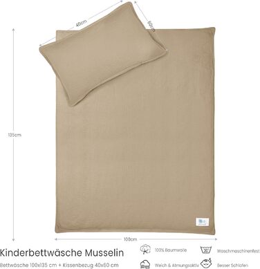 Бетліня для дітей Lulumoon з мусліну 100x135: комплект простирадла 100x135 + наволочка 40x60 см з бавовни Oeko-TEX Standard – легка та комфортна постільна білизна для малюків (Крем-Мокко, 100x135 см + 40x60 см)
