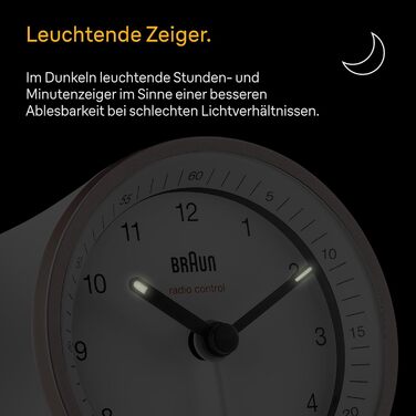 Classic analog radio alarm clock by Braun for the Central European Time zone (CET/GMT+1) with snooze function, lighting, quiet movement, crescendo alarm in white and rose, model BC07PW-DCF