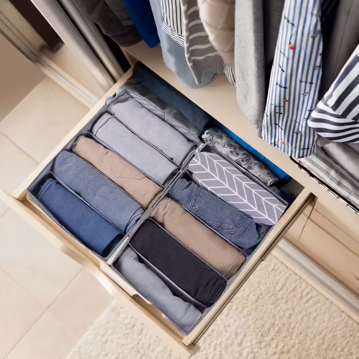 4 Piece Closet Clothes Organizer with Support Board, Foldable Jeans Organizer for Drawers, Washable Compartments, Closet Organizer and Storage Baskets for Jeans, 5 + 7 Grids, Grey (4 x 5 Compartments)