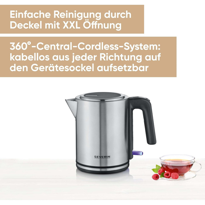 Електричний чайник SEVERIN 1 л з індикатором рівня води, фільтром від накипу, великим соплам, потужністю 2400 Вт, срільно-чорний колір, нержавіюча сталь, WK 3489