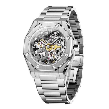 Чоловічий механічний годинник OLEVS Gold Skeleton з автопідзаводом, розкішний сталевий корпус з діамантами, водонепроникний, зі світлою індикацією (6669: Сріблястий)