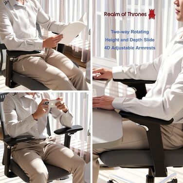 Офісний стіл Realm of Thrones CAPTAIN Deluxe: ергономічний стілець з регульованою поперековою підтримкою, дихаюча спинка, комфортне сидіння, сталева база, відкидні підлокітники (сірий)