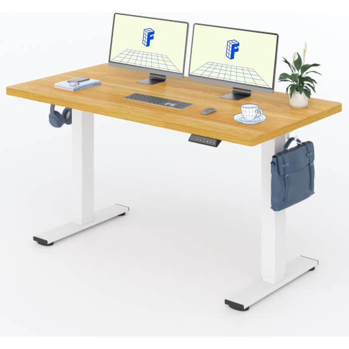 Регульований за висотою стіл FLEXISPOT 160x80 см з гачками, 25 мм стільниця, LED-дисплей та функція пам'яті (Акорн, Білий)