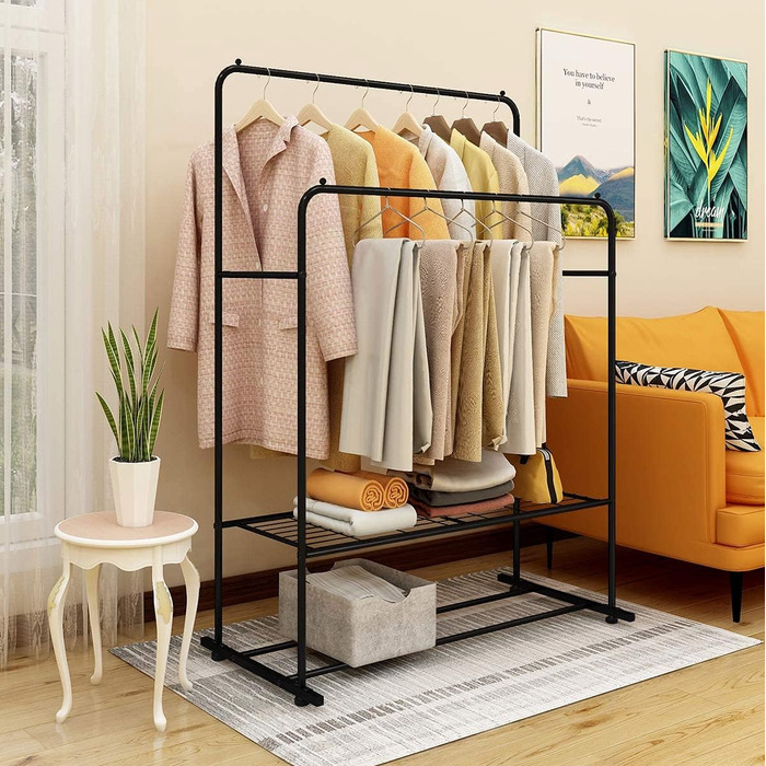 JURMERRY Freestanding Clothes Rack, Double Hanging Rod, High-Performance Metal with Shelf, Commercial Quality, Black