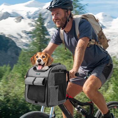 Корзина для собак на велосипед, до 10 кг, складана, дихаюча, 4-в-1 (рюкзак, сумка на плече, автокрісло), міцна L-подібна кріплення Φ55mm, зручна подушка, світловідбиваючі смуги