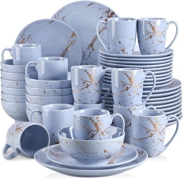 LOVECASA Сервіз столовий порцеляновий, 48-штучний набір посуду Sweet 16, сервіз для їжі з золотим декором, для 4-12 осіб, лавандовий колір