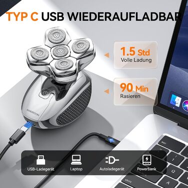 Електричний голєний апарат MAXGROOM для чоловіків, вологостійкий, для сухого та вологого гоління, 5D-головка, USB-C зарядка, LED-індикатор заряду, чорний