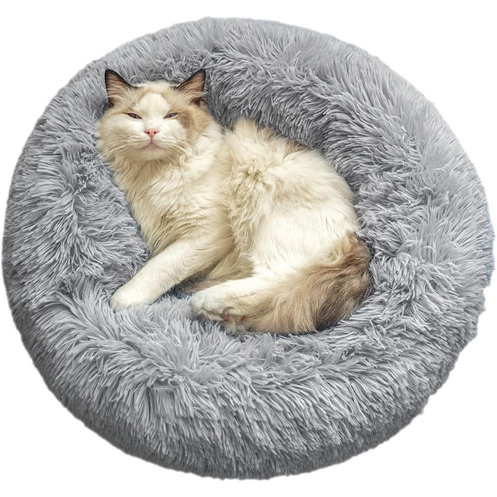 М'яке ліжко для котів та собак: кругле, плюшеве, миється, 70см/60см, білий/світло-сірий