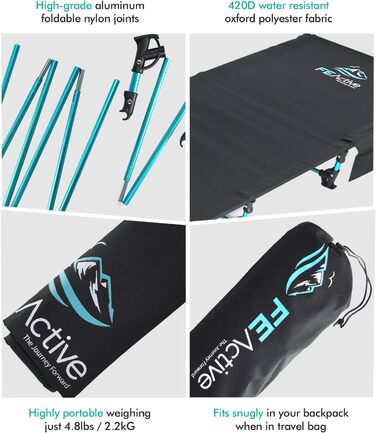 FE Active: Компактне розкладне ліжко з повного алюмінію, ультралегке, зручне для сну, портативне кемпінгове ліжко для кемпінгу, походів, трекінгу, подорожей з рюкзаком. Розроблено в Каліфорнії