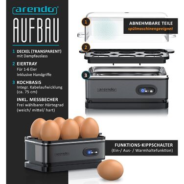 Arendo - Stainless Steel Egg Cooker with Keep-Warm Function - Tilt Switch with Indicator Light - Freely Selectable Hardness Level - Brushed Stainless Steel - BPA-Free - in Cool Grey B: Cool Grey