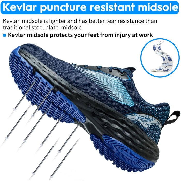 Черевики безпеки ISOOUS для чоловіків та жінок. Легкі, дихаючі, з металевим капаком, антиковзаючі, зручні. Розмір 43 EU, блакитні.