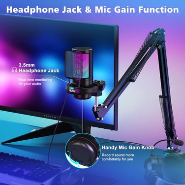 Мікрофон для комп'ютера NJSJ Gaming з тримачем, USB для PC, MAC, PS4/PS5: з кнопкою вимкнення звуку, навушниками, поп-фільтром, конденсаторний кардіоїдний для стрімінгу та подкастів (Чорний)