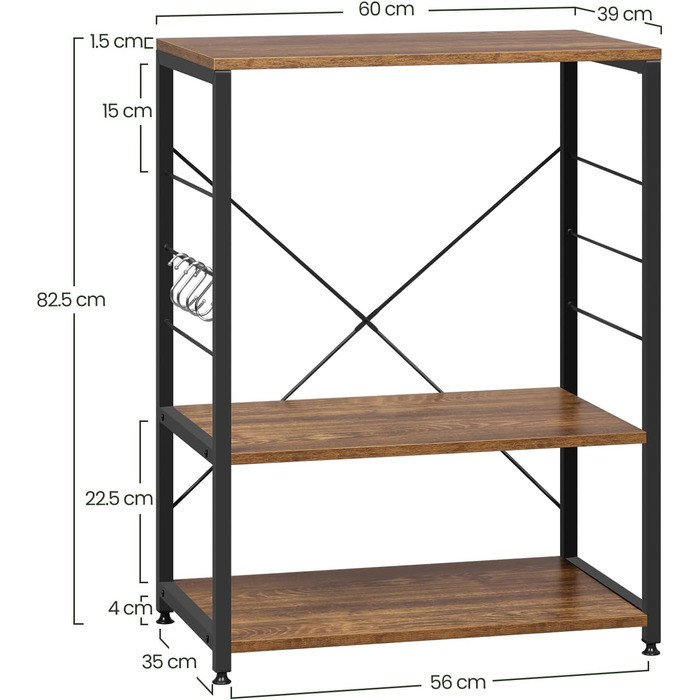 Kitchen Shelf, Microwave Shelf with 4 Hooks, Baking Shelf with 3 Tiers, Storage Shelf for Kitchen, Cafe, Living Room, Bathroom, 60 x 82 x 40 cm, Vintage Wood Look + Black