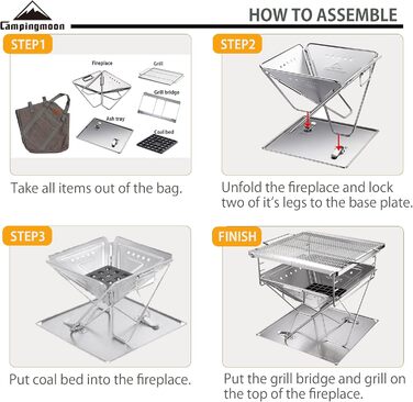CAMPINGMOON 3-in-1 Portable Stainless Steel Wood Grill and Fire Pit, 16 x 18 inches, with Carrying Bag MT-045