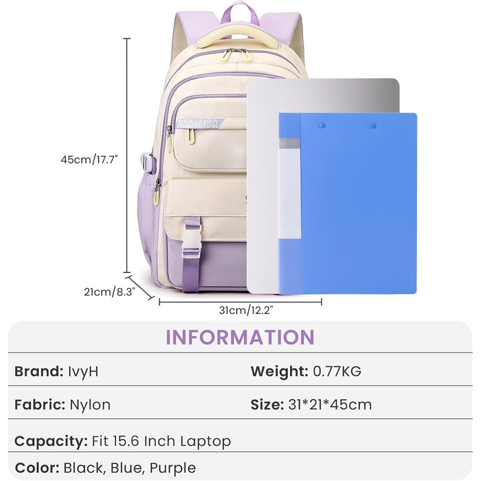 Шкільний рюкзак IvyH для дівчаток та хлопчиків, 15.6