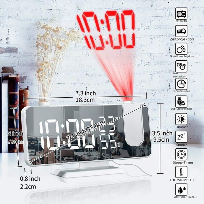 Цифровий LED-будильник-проектор з дзеркальною поверхнею, FM-радіо, USB-портом, гігрометром та термометром, білий