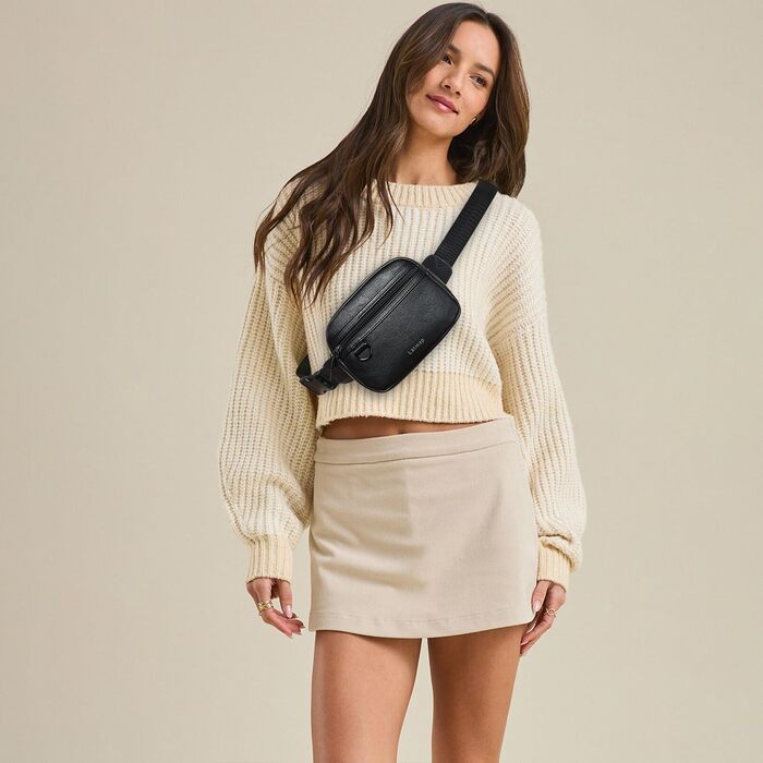 Жіноча сумка на пояс, кросбоді, з PU шкіри, водовідштовхувана, антикрадіжна, 4 відділення, чорна, на блискавці, 19.05 x 15 см, 55 см ремінець, ручне прання