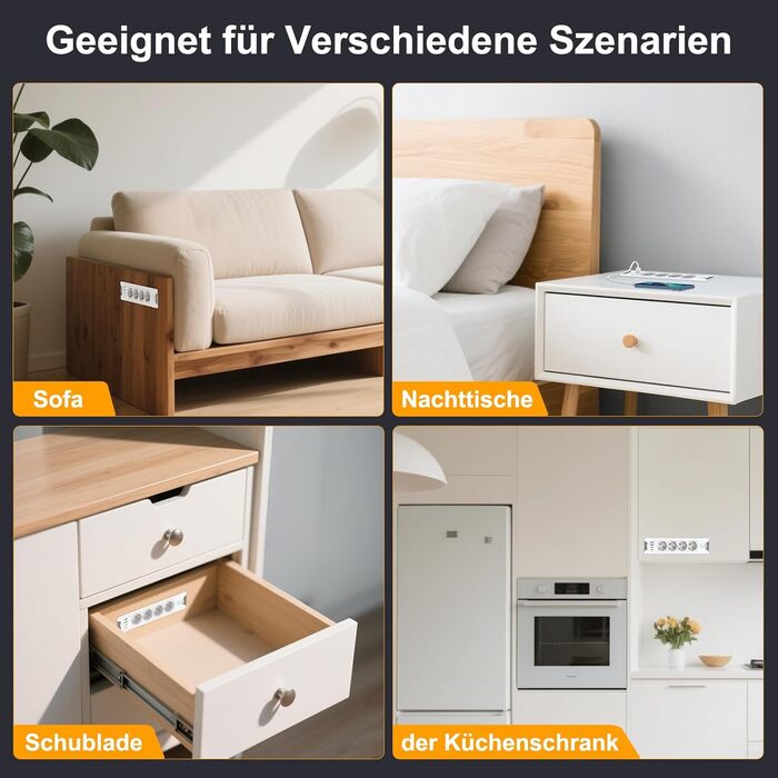 Вбудована розетка з 2 USB-C та 4 розетками, 3680W, 16A, білий кабель 2м. Розподільник розеток для конференц-столу, дивану