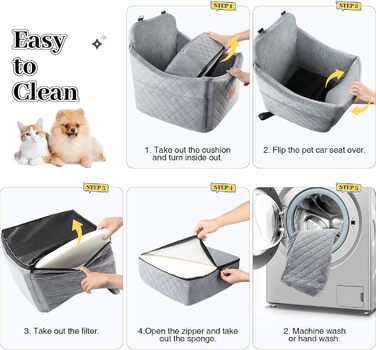 Автокрісло для собак середніх та маленьких порід, сіре, з кишеньками для зберігання та поводок. З піднятою спинкою.